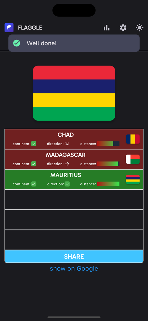 A screenshot of the Flaggle app showing a correct guess for the flag of Mauritius and game progress stats