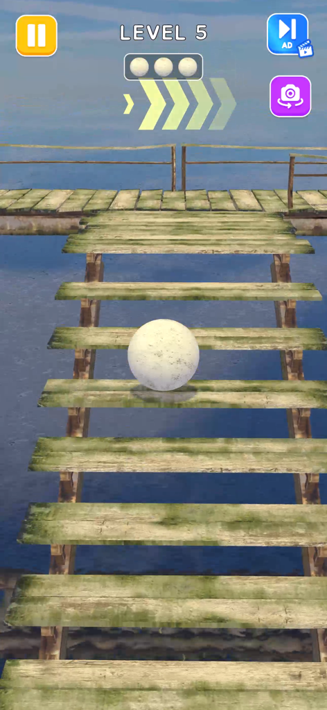 Rolling Balance Ball 3D - A white ball balancing on a wooden staircase bridge over water in Rolling Balance Ball 3D