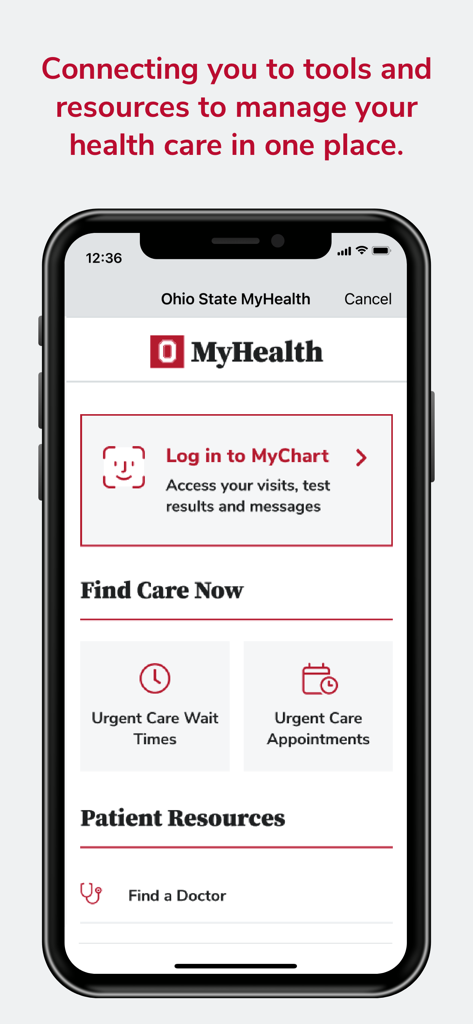 Ohio State MyHealth app home screen featuring MyChart login and urgent care options.