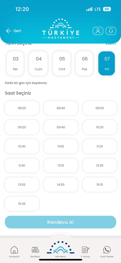 Appointment booking screen of the Turkiye Hastanesi mobile app showing date and time selection slots.