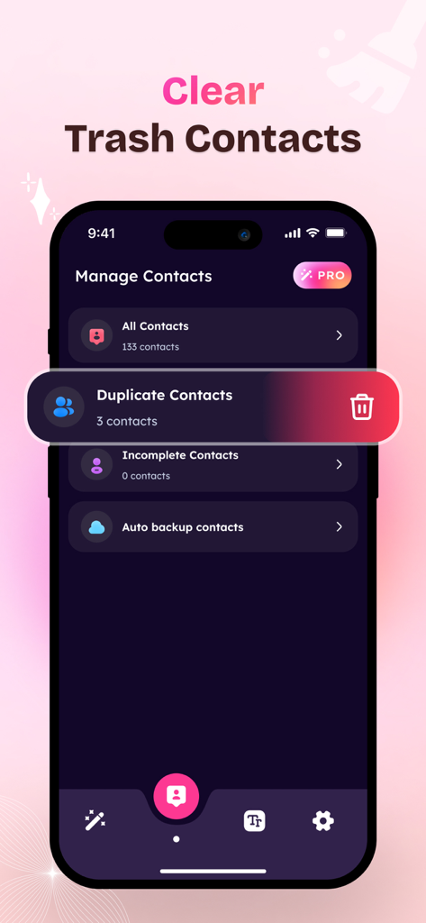 Smart Cleaner app interface showing manage contacts screen with options to delete duplicate and trash contacts