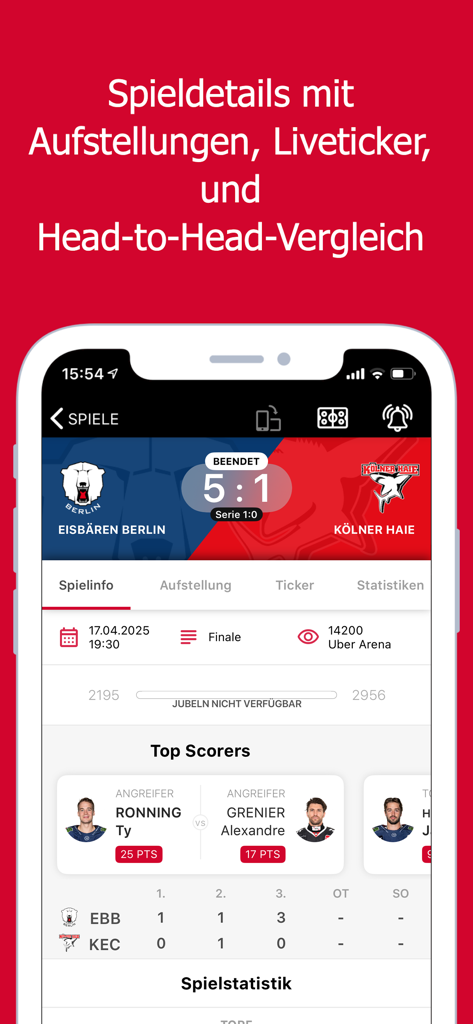 Deutsche Eishockey Liga - DEL app interface displaying ice hockey match details and player statistics