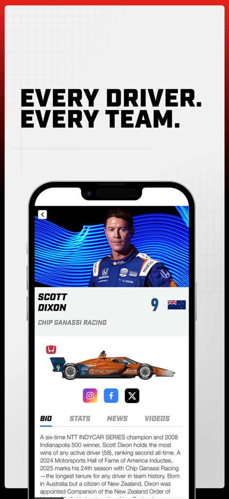 INDYCAR - INDYCAR app showing the driver profile for Scott Dixon with team information and racing car details.