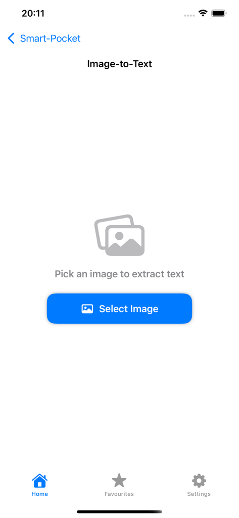 Smart-Pocket - Pantalla de la aplicación Smart-Pocket para la herramienta OCR de imagen a texto con un botón Seleccionar Imagen