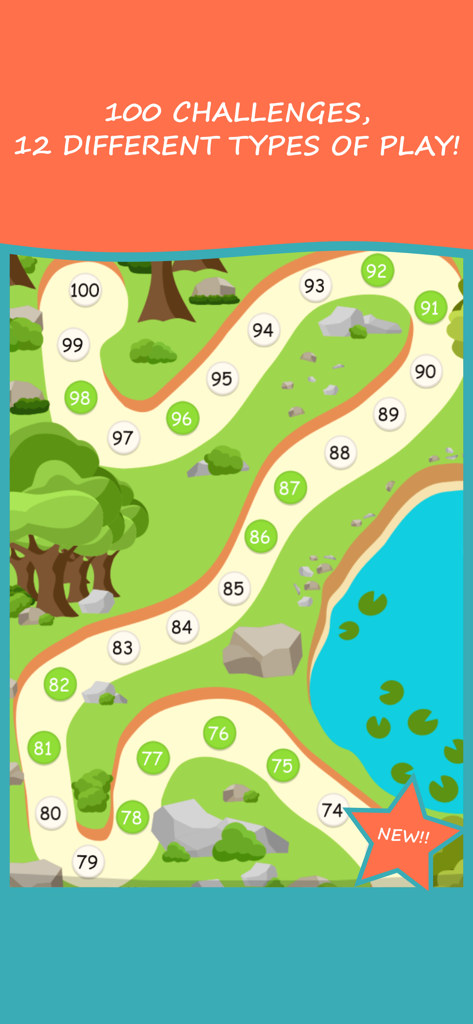 True or False? Trivia Quiz - Un mapa de juego sinuoso que muestra niveles numerados para el modo de 100 desafíos de trivia en un entorno exterior caricaturesco.