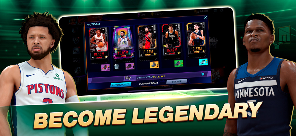 NBA 2K Mobile MyTEAM interface showing a lineup of professional basketball player cards