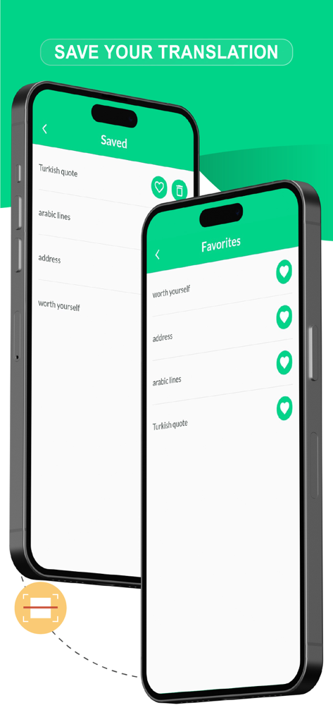 Interface showing saved and favorited translations in the Scan and Translate app.