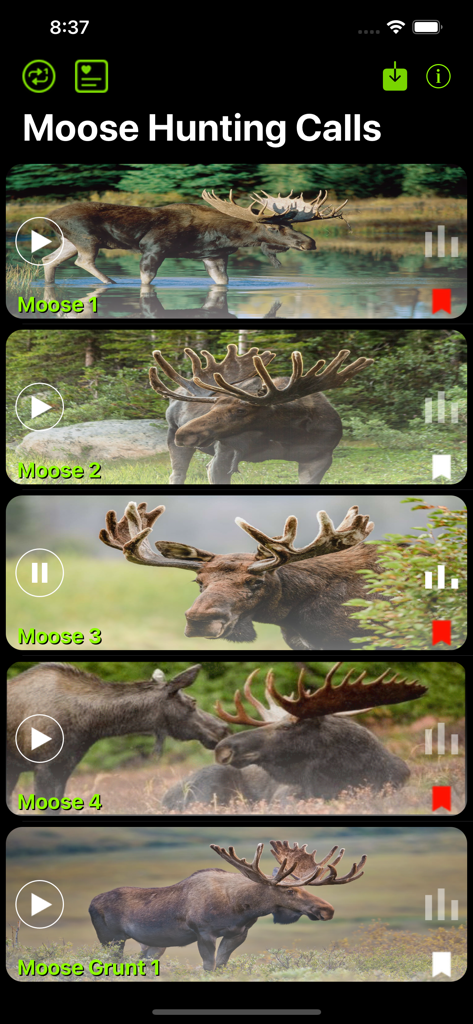Moose Hunting Calls App - Interface do aplicativo Moose Hunting Calls mostrando uma lista de sons de alce com imagens e botões de reprodução