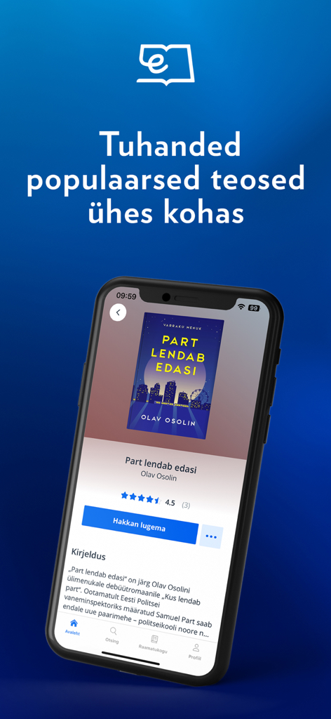 Elisa Raamat - Elisa Raamat mobile app interface showing an Estonian ebook titled Part lendab edasi