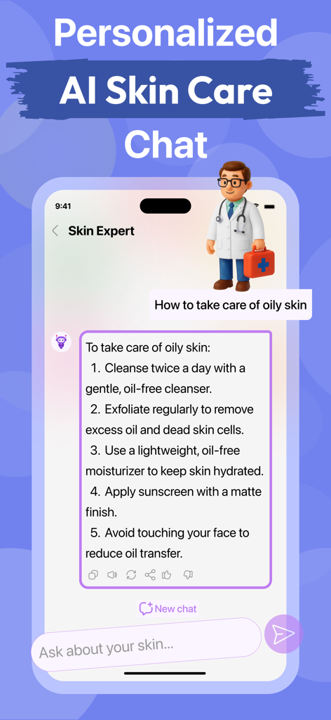 AI Skin Care Scanner・Acne Safe - A smartphone screen showing a personalized AI skin care chat providing expert advice for oily skin