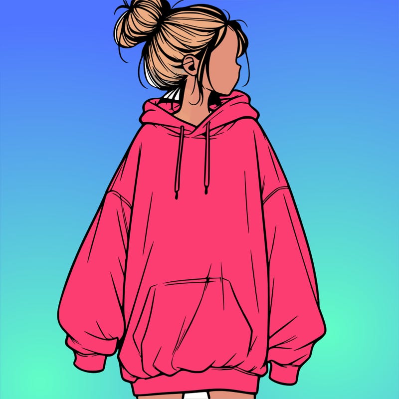 realistic girl with a oversized sweatshirt on and a bun