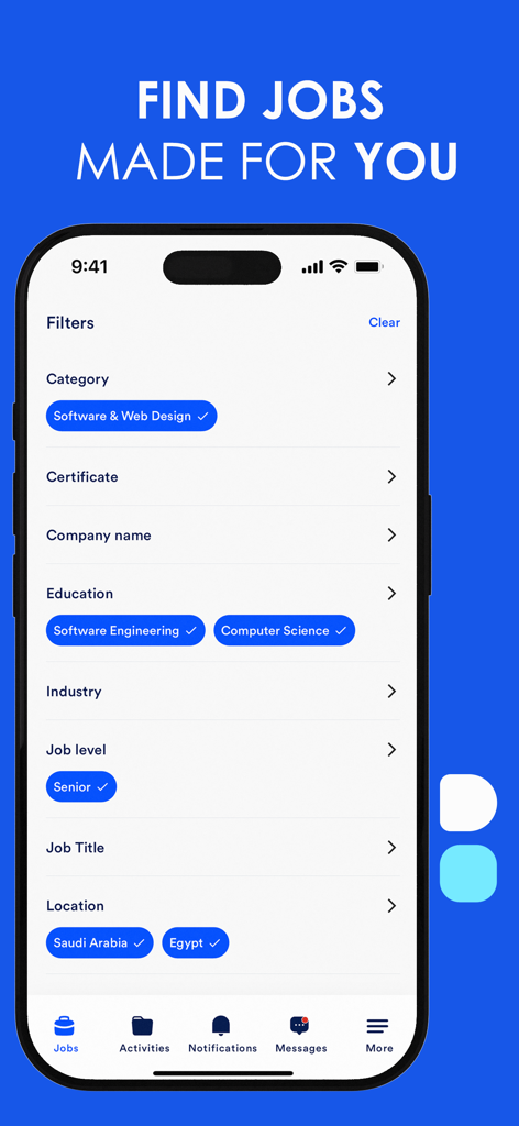 Imploy - A mobile app interface for Imploy showing various job search filters including category education and location.