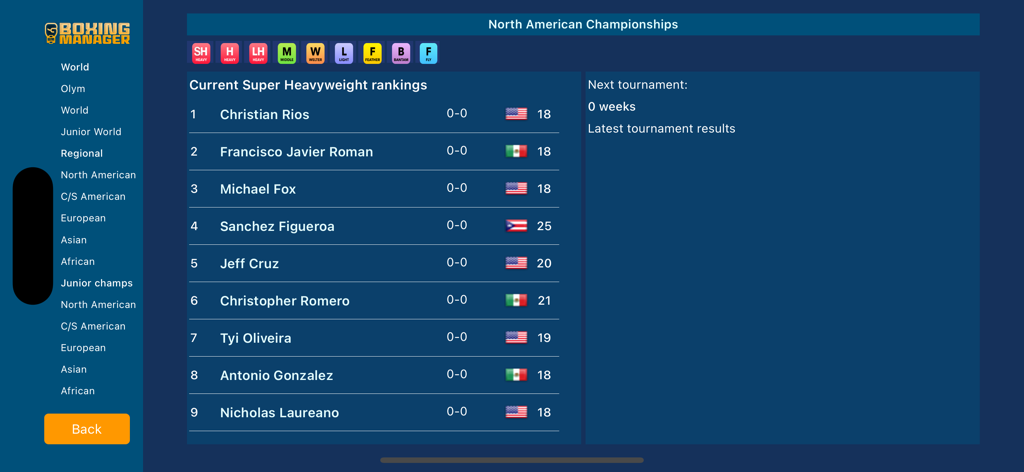 Boxing Manager - Boxing Manager app interface displaying North American Super Heavyweight rankings with fighter names and country flags