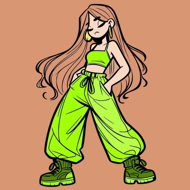 girl in baggy pants crop top and long hair
