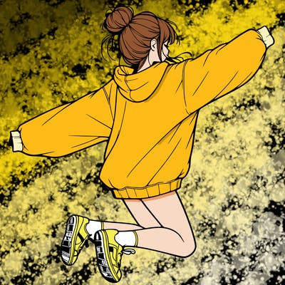 realistic girl jumping with a bun and oversized sweatshirt