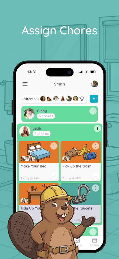 Homey - Chores and Allowance - Homey app interface showing the assign chores screen with task cards for making the bed and picking up trash.