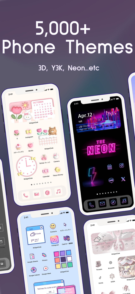 WidgetClub의 Y2K 네온 및 3D 스타일을 특징으로 하는 미적 iPhone 홈 화면 테마 모음