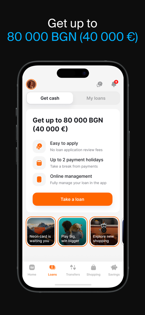 tbi bank - Interface of the tbi bank mobile app showing personal loan options and features like payment holidays.