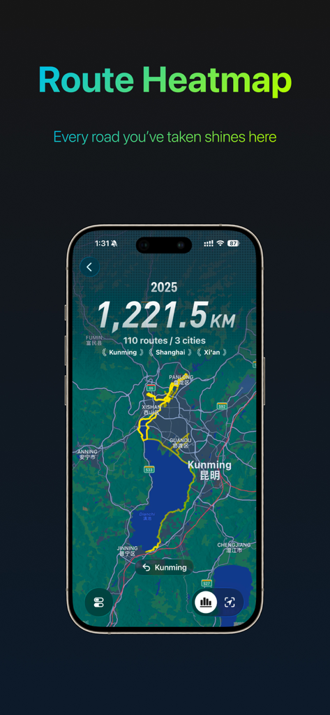 Me - Make health intuitive - ワークアウトデータとマップパスを備えたフィットネスルートのヒートマップ視覚化を表示するスマートフォン。