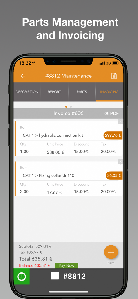 Synchroteam mobile app screen showing digital invoicing and parts management for field service maintenance