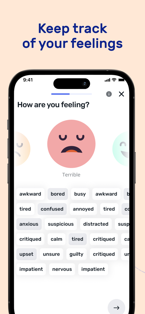 Thera AI Mental Health Journal - A mobile screen from the Thera app showing a mood tracking interface with a sad emoji and emotional tags like anxious and tired