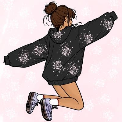 realistic girl jumping with a bun and oversized sweatshirt