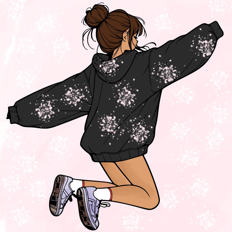 realistic girl jumping with a bun and oversized sweatshirt
