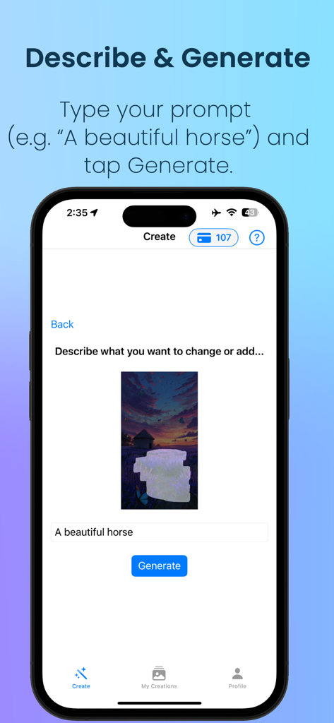 AI Photo Editor: Inpaintly - Pantalla de la aplicación Inpaintly para escribir prompts de texto y generar ediciones de fotos con IA.
