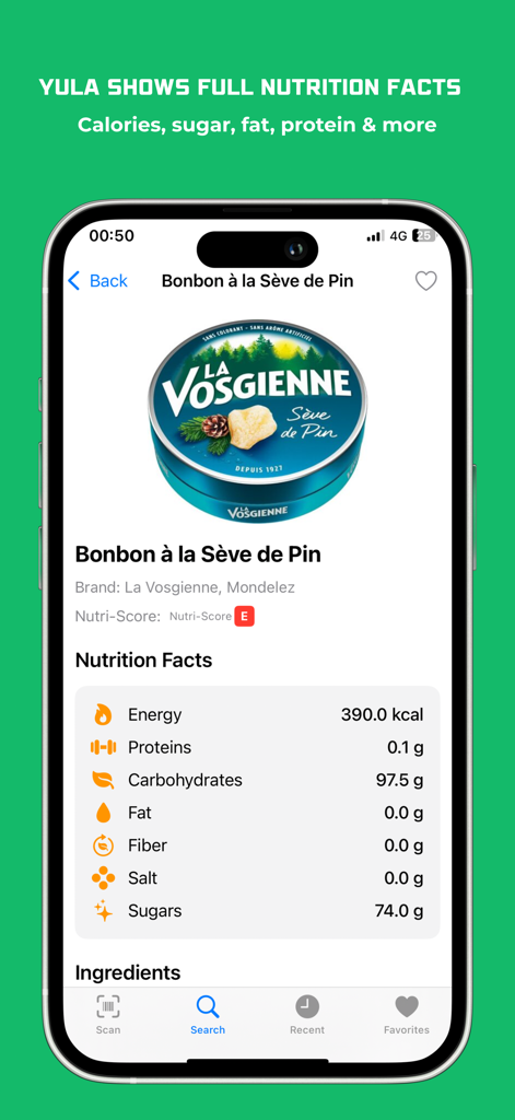 Yula - Food & Cosmetic Scanner - Smartphone screen showing the Yula app displaying detailed nutrition facts and a Nutri-Score for a food product