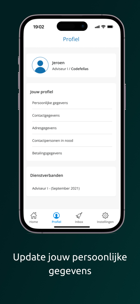 Youforce - Screenshot of the Youforce app profile screen showing options to update personal and contact details