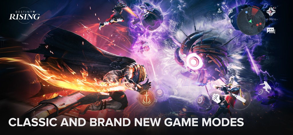 Les héros de Destiny Rising s'engagent dans un combat intense de science-fiction contre un boss mécanique massif.