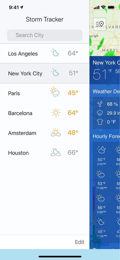 Storm Tracker° Pro - Lista de ciudades con temperaturas actuales e íconos meteorológicos en la aplicación Storm Tracker Pro.