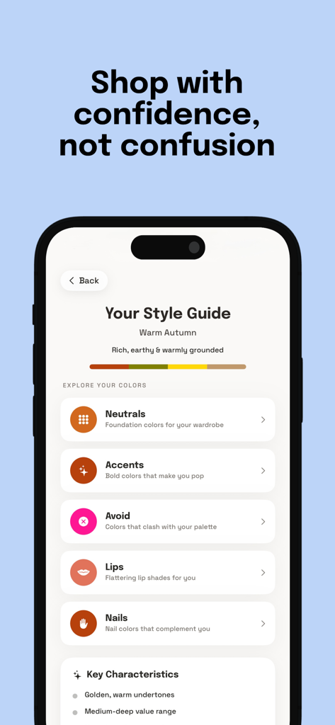 Palette - Color Analysis - Interfaz de la aplicación móvil que muestra una guía de estilo personalizada para la estación de color Otoño Cálido con sugerencias de maquillaje y vestuario