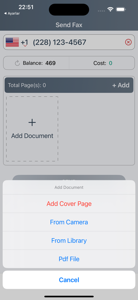 Screenshot of MobiFax app showing the menu to add a document from the camera or library for sending a fax