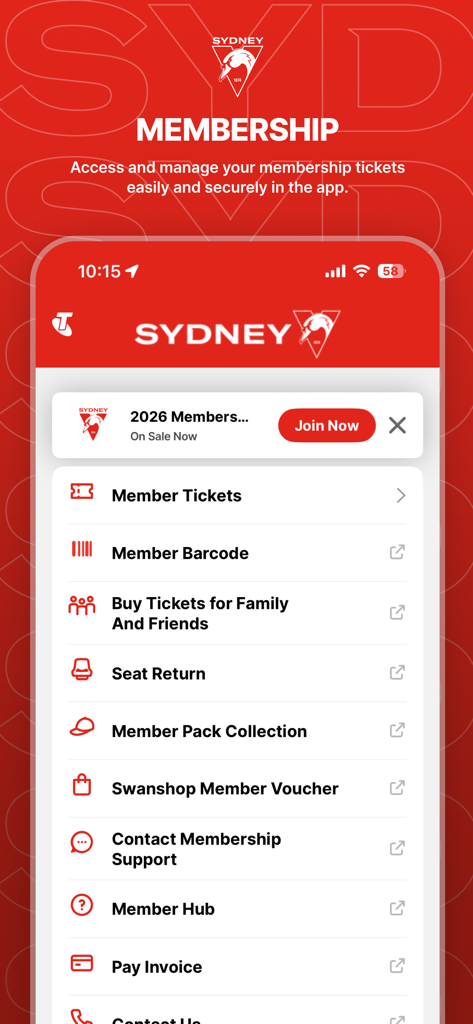 Sydney Swans Official App - Sydney Swans app membership screen displaying options for tickets, barcodes, and member support