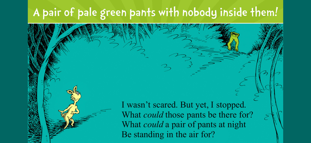 A scene from the What Was I Scared Of app featuring a character and floating green pants in a forest