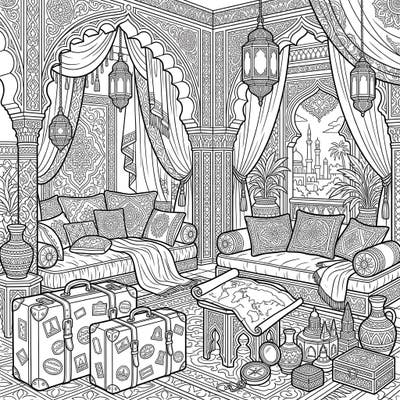 Immerse yourself in a world of luxury and adventure with this Harem Quarters and Vacation-themed coloring page. Featuring ornate details, traditional decor, and delightful travel elements, it promises hours of creative relaxation.