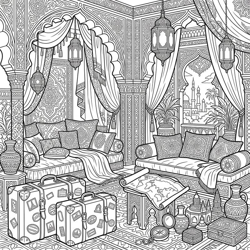 Immerse yourself in a world of luxury and adventure with this Harem Quarters and Vacation-themed coloring page. Featuring ornate details, traditional decor, and delightful travel elements, it promises hours of creative relaxation.