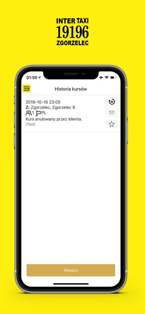 Taxi Zgorzelec - Screenshot of the Taxi Zgorzelec mobile app showing the ride history screen with a cancelled trip entry on an iPhone