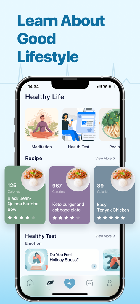 Heart Mate: Health Monitor - Heart Mate app interface showing healthy lifestyle recipes and wellness tests
