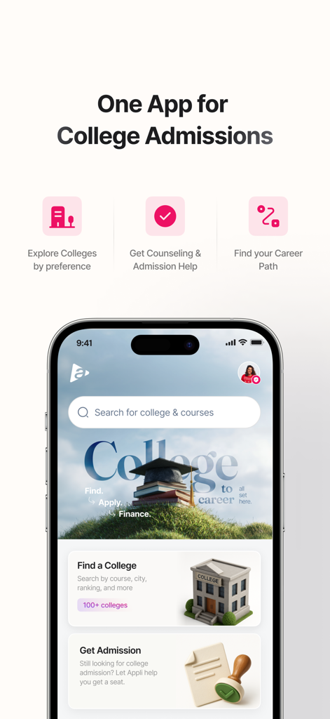 Appli - College Applications - 大学出願のためのAppliアプリのホーム画面。検索バーとカウンセリングオプションが表示されています。