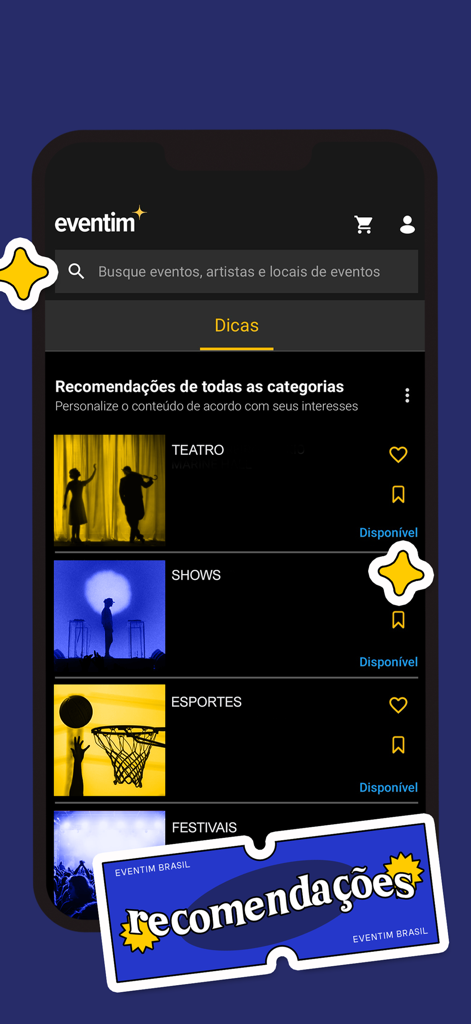 EVENTIM Brasil - EVENTIM Brasil mobile app interface showing personalized event recommendations for theater, concerts, sports, and festivals