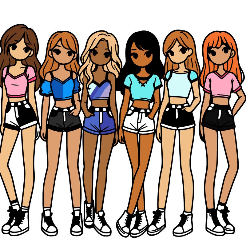a group of girls wearing crop tops and shorts