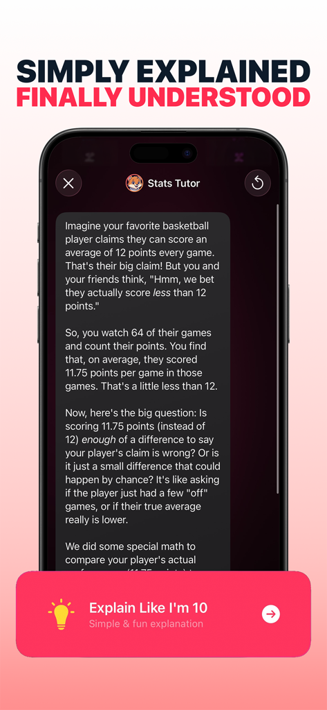 Interfaz del tutor de IA explicando conceptos de estadística con una analogía simple de baloncesto y la función "Explícamelo como si tuviera 10 años"