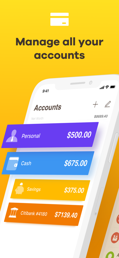 Checkbook - Account Tracker - Tableau de bord de l'application Checkbook affichant plusieurs comptes financiers comme la trésorerie et l'épargne