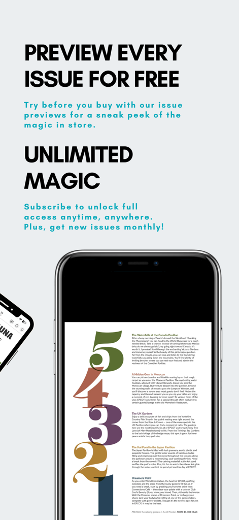 WDW Magazine - WDW Magazine app screen showing free issue previews and a monthly subscription offer for Disney park content.