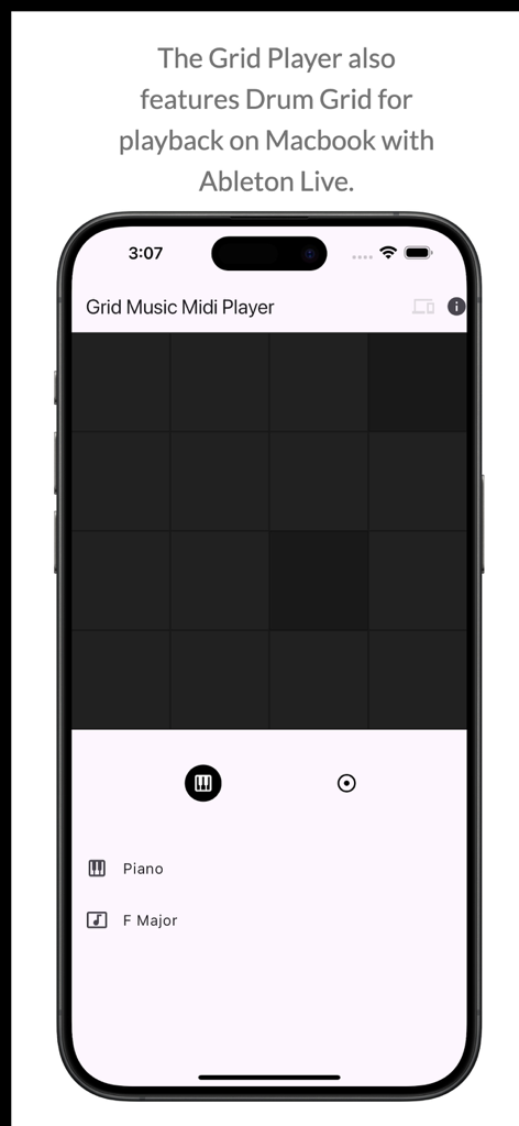 Grid Music Midi Player - Interface do aplicativo Grid Music Midi Player apresentando uma grade de bateria para reprodução no Ableton Live