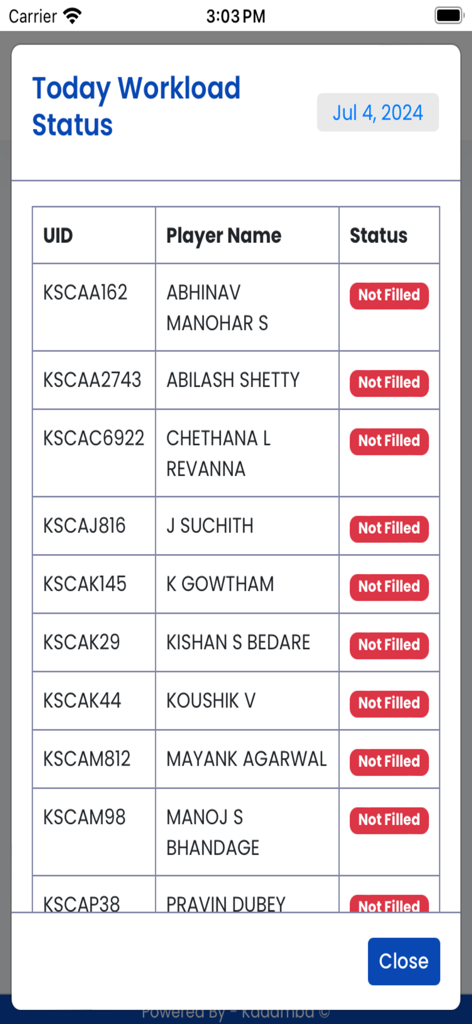 KSCA OTMS - Table displaying cricket player workload status and names in the KSCA OTMS app