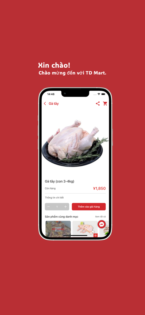 Thai Duong Mart - Thai Duong Mart mobile app interface showing a whole turkey product listing with an add to cart button