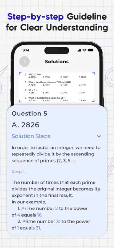 Libbot: AI Homework Helper - Interfaz de la aplicación Libbot que muestra explicaciones paso a paso para un problema de tarea de matemáticas escaneado.